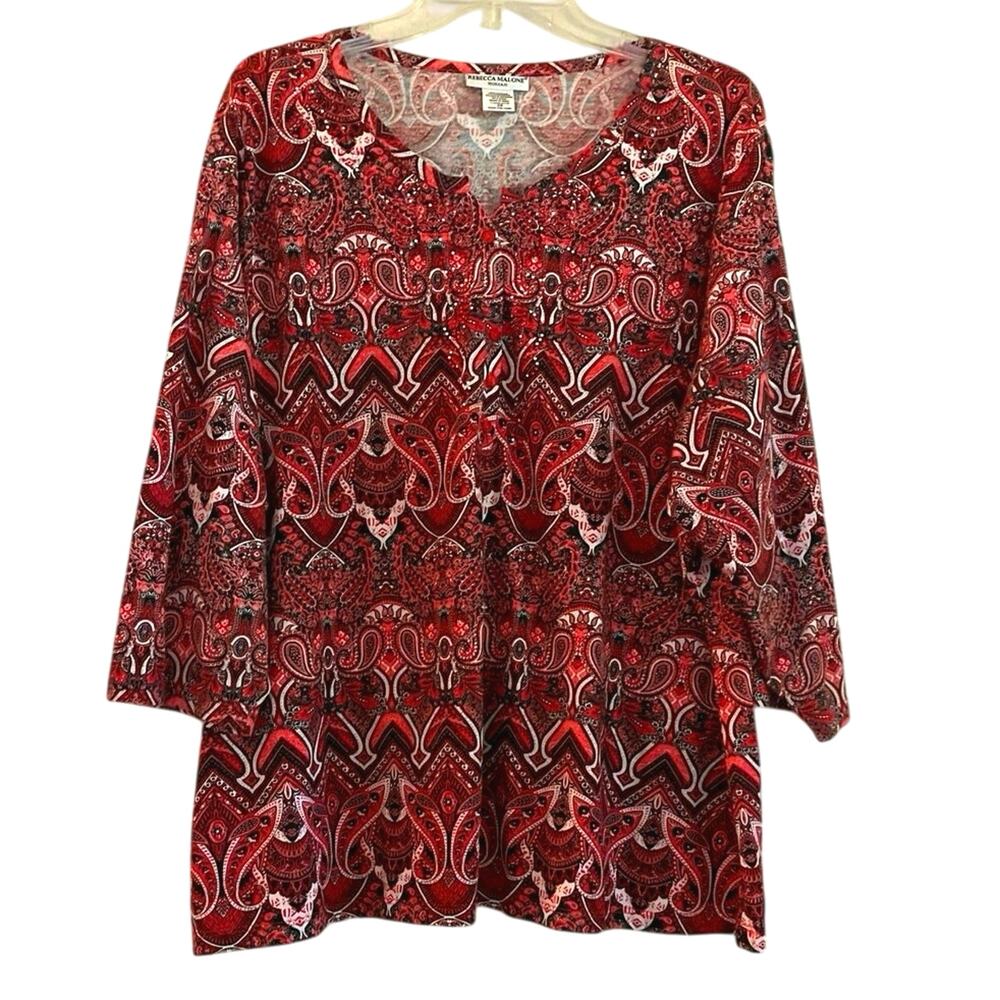 Rebecca Malone Jeweled Paisley Top Womens Size 2X 1/4 Button Casual Travel Bling